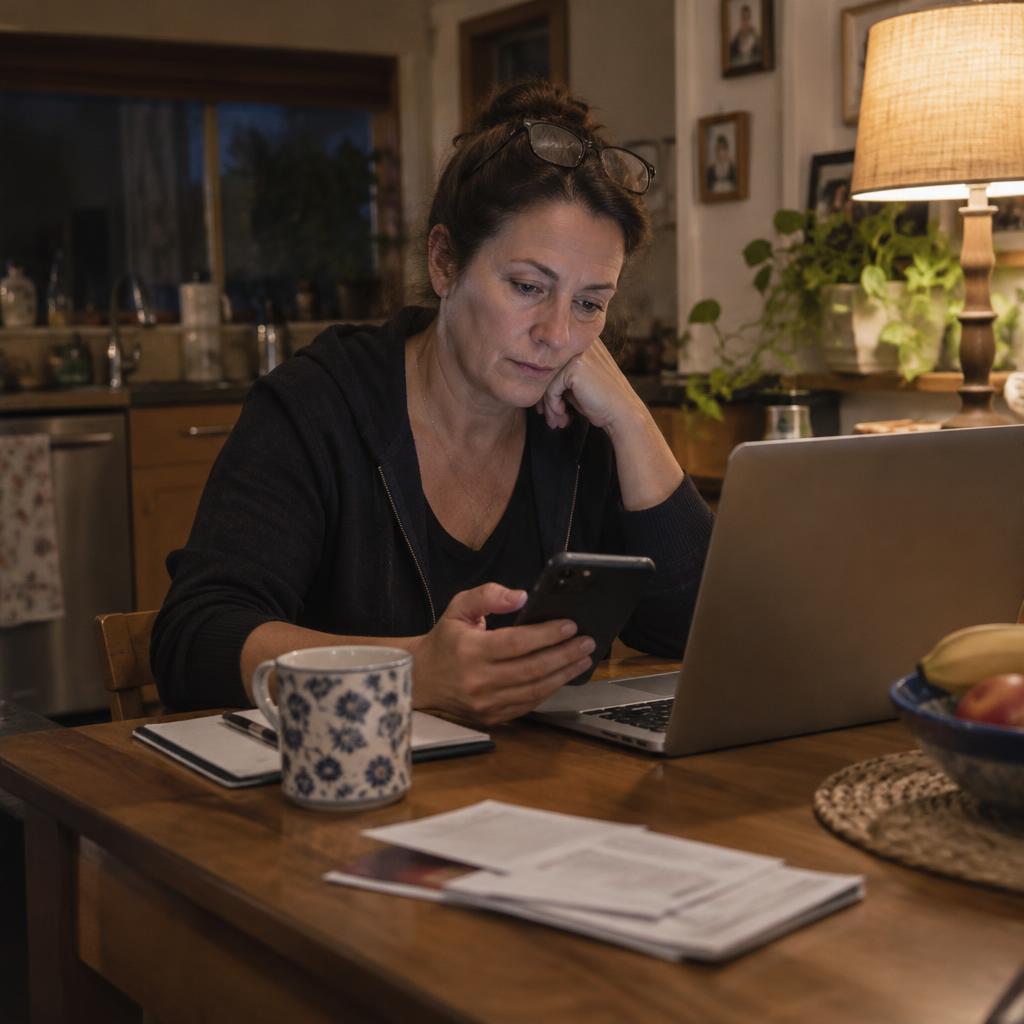 A woman in her early fifties at her kitchen table in the evening with a laptop and phone