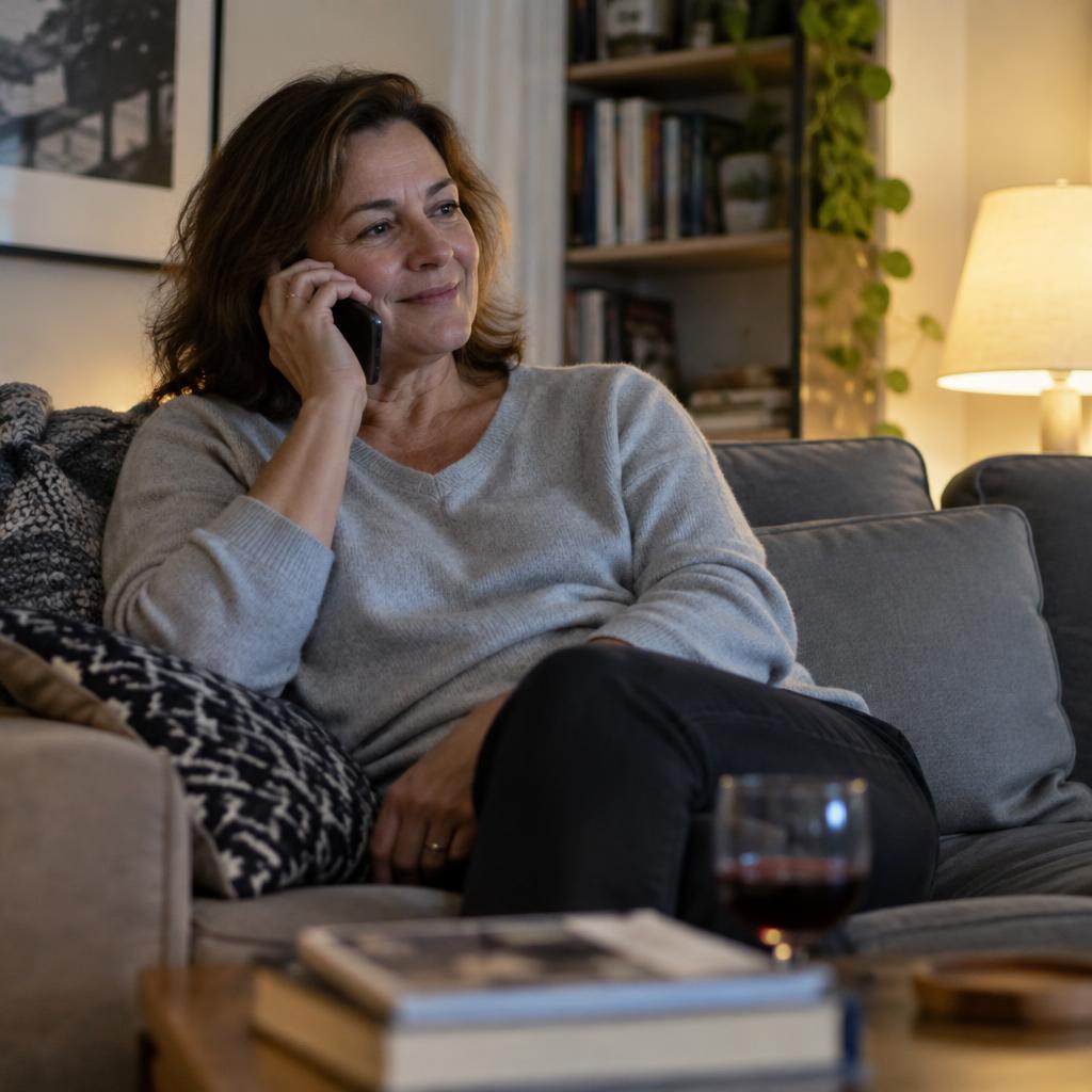 A woman in her fifties on the phone at home in the evening